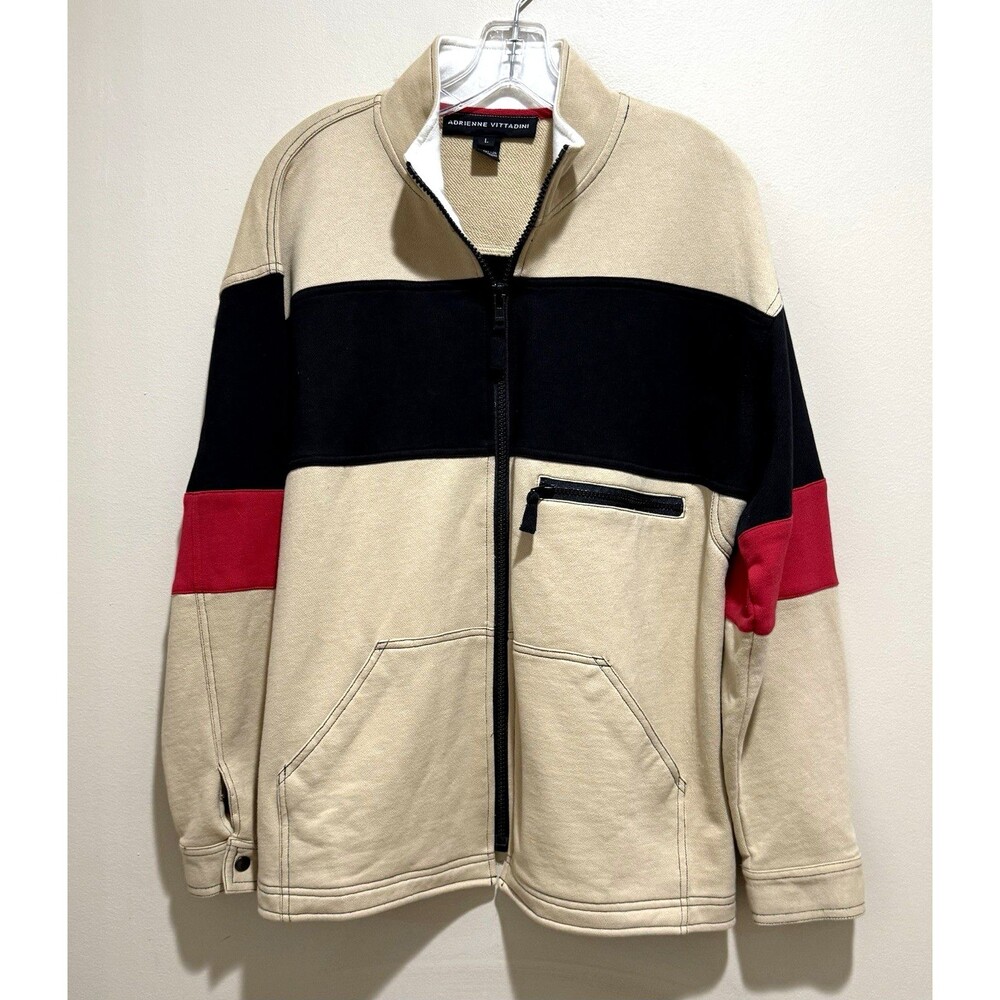 Adrienne Vittadini Black Red Colorblock Full Zip Women Track Sweatshirt Jacket L